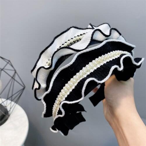 2020 New Vintage Pearl Pleated Wave Bezel Hairband Headband Women Knit Head band Hoop Girls Hair Accessories Wide-Brim Headwear