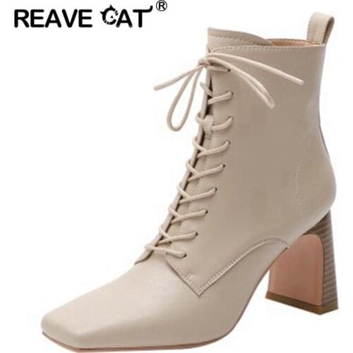 REAVE CAT Women genuine leather shoes Ankle boots Square toe Cross tied Zipper Strange style Solid High quality Female Autumn