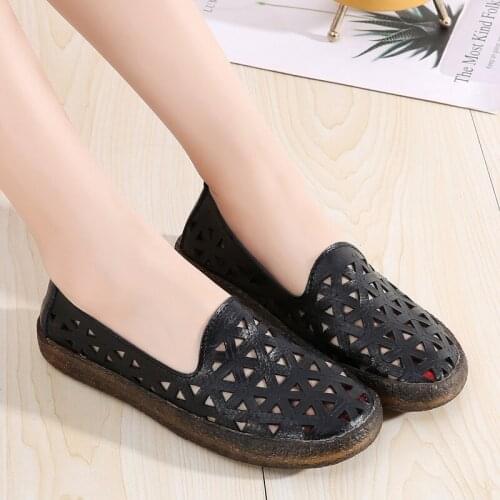 Women Genuine Leather Flats 2021 Summer New Comfort Non-slip Cutouts Female Casual Shoes Soft Sole Womans Loafers Size 35-41