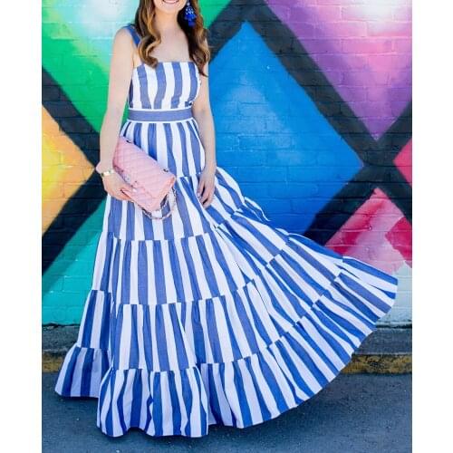 2021 Autumn New Sling Dress Female Blue And White Stripes Elegant Temperament Waist Big Swing Skirt Dress
