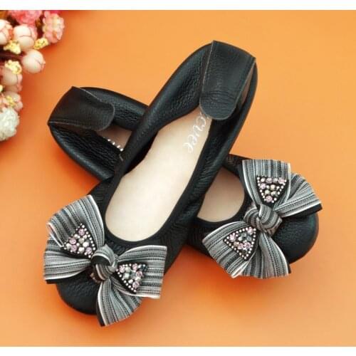 AUCVEE Plus Size 34-44 Women Ballet Flats Sweet Bow Round Toe Soft Pregnant Women Flats Genuine Leather Non-slip Lady Shoes Flat
