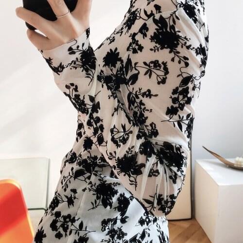 T-shirts Women Sexy Lace Mesh French Style Bottom Long Sleeve Female Blouse Print Color 2021 New Fashion Casual C2398