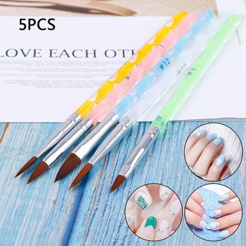 5Pcs Acrylic Crystal Pen Nail Art Brush Tools Set Acrylic UV Gel Painting Drawing Brushes Cuticle Pusher Tool Colorful