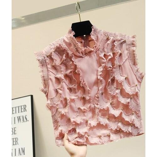 Crop Top Woman 2020 Summer Riveting Nail Short Ruffled Stand Collar Sleeveless Chiffon Shirt Womens Short Blouse Slim Fit Blusa