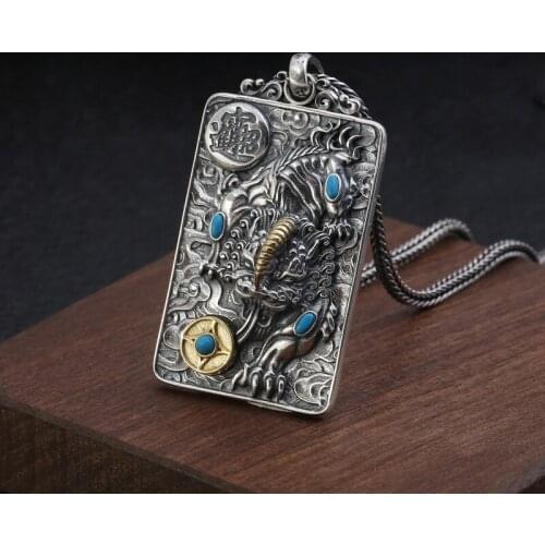 Men Women Pendant Real 925 Sterling Silver color Lucky Fortune Brave Troops Inlaid turquoise Necklace Pendant fine Jewelry