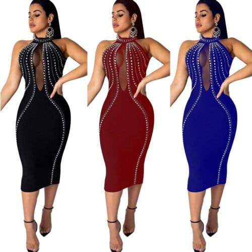 Summer Womens Dress 2021 Sleeveless Ironing And Drilling Gauze Perspective Backless Sexy Dress Party Traf Y2k Vestido Dresses