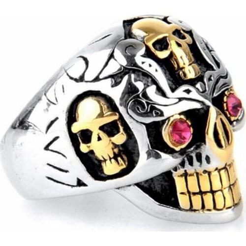 Megin D Vintage Personality Thick Between Gold Ruby Skull Titanium Steel Rings for Men Women Couple Friend Fashion Gift Jewelry
