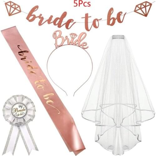 5 Pieces Rose Gold Pink Bachelorette Party Decorations Kit Bride to Be Etiquette Belt Badge Hair Band Veil Banner
