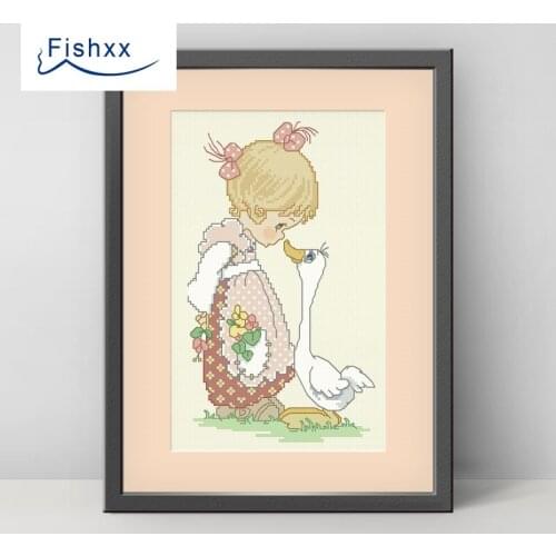 European Style Hanging Pastoral Style Cartoon Characters Fishxx Cross Stitch Kit H100 Girl and Big White Goose DIY Embroidery