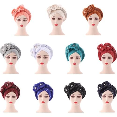 Nigerian Gele Headtie with Beads Already Made Auto Gele Turban Cap African Aso Ebi Gele Aaso Oke Head Wrap 2021 Muslim Fashion
