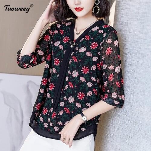 Autumn Fashion summer Women Chiffon Blouses Casual floral Women Clothing short Sleeve V-neck Women Top Blusas Mujer De Moda 2021