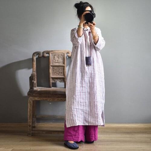 Women Loose Striped Linen Dress Ladies Plus Size Robe Dress Female Flax Qipao Dress 2020 Autumn Dresses