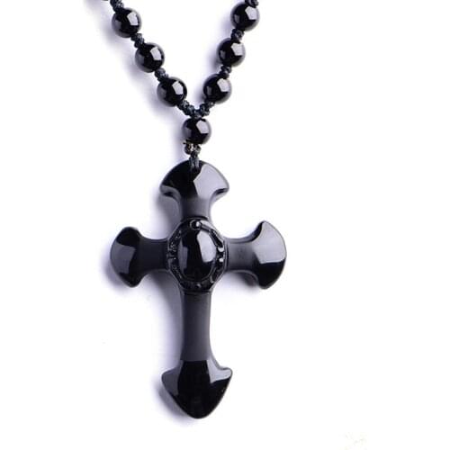 Drop Shipping High Quality Nature Black Obsidian Pendants Necklace Cross Pendant For women men Lover Jades Jewellery