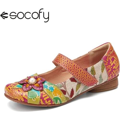 SOCOFY Women Retro Style Flat Shoes Flower Decor Printed Cowhide Leather Stitching Cloth Comfy Round Toe Casual Flat Shoes