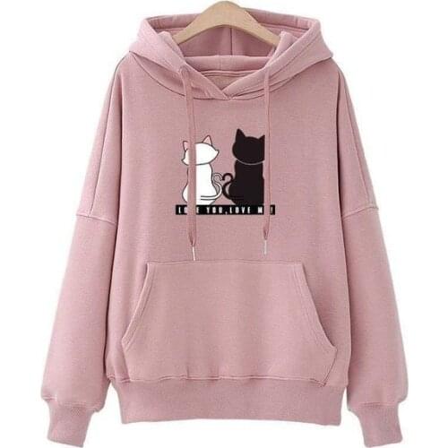 Cute Cat Print Hoodies Women Autumn Winter Long Sleeve Sweatshirts Harajuku School Girls Pullovers Oversized Hoodie Streetwear
