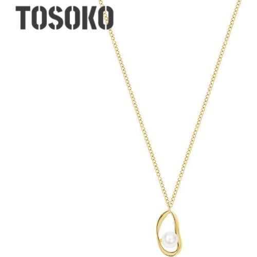 TOSOKO Stainless Steel Jewelry Irregular Ring Pearl Necklace Elegant Clavicle Chain BSP820