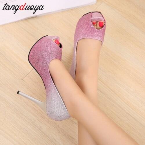 Platform high heels for women Gradient 12/14cm super high heel pumps women shoes salto alto wedding shoes bride open toe heels