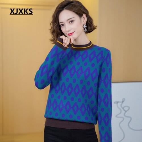 XJXKS 2021 autumn winter new wool knitted sweater women pullover fashion diamond plaid women casual sweater
