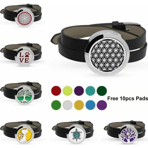 Stainless Steel Jewelry Men Bracelet PU Leather Wrap Bracelet For Women 30mm Essential Oil Aromatherapy Diffuser Bracelet Bangle