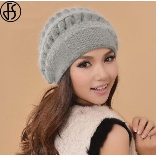 FS Rabbit Fur Beanie Hat For Women Grey Winter Skullies Fashion Warm Knitted Beanies Hats Wool Caps Gorros Female olid Bonnet