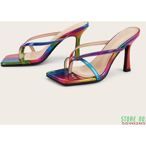 2020 New colorful women slippers summer outdoor sandal thin high heel slip on flip flops elegant women slides size 36-42