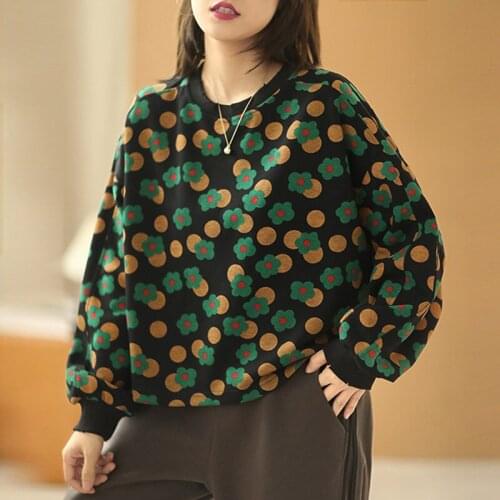 Johnature Women Loose Hoodies Cotton O-Neck Long Sleeve Print Floral Casual 2021 Autumn New Vintage Korean Style Fashion Hoodies