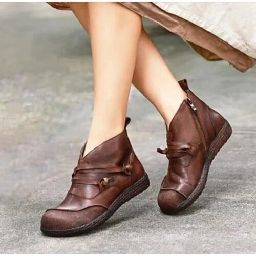 Women Lace Up Vintage Ankle Boots Ladies Fashion Autumn Boots Womens PU Leather Zip Woman Platform Casual Female Shoes