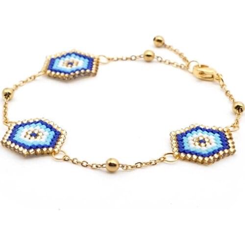 Blue Turkish Evil Eye Miyuki Woven Bracelet Trend Evil Eye Religious Bangle Gold Plated Rice Beaded Jewelry For Women