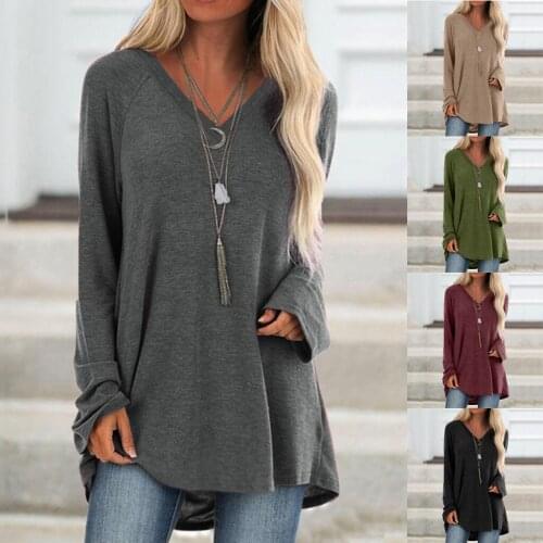 Autumn 2021 new solid color casual large V-neck loose long sleeve Pullover T-Shirt Medium Long plus size women clothing кофта