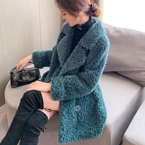 Women Casual Long Sheep Shearing Outwear Female Solid Cardigan Genuine Wool Coat Ladies Double Breasted Real Fur Overcoat X515