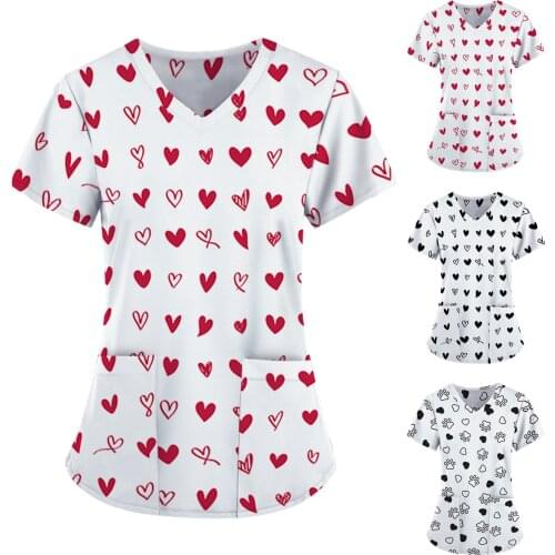 2021 Nurse Uniform Scrubs Women Shirt Cute Love Print Pocket V-neck Tops Short Sleeve Loose T-Shirt Blouse медицинская одежда q5