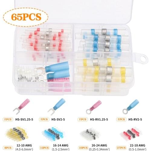 65pcs Heat Shrink Butt Crimp Terminals Waterproof Solder Seal Electrical Butt Connectors Wire Cable Splice Terminal Kit