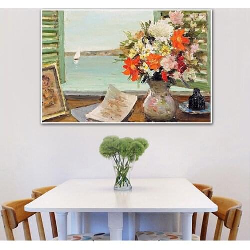 Abstract Art Landscape Window Flowers Poster Vintage Wall Art Retro Decor Canvas oil Painting Living Room Decoration Home Boat