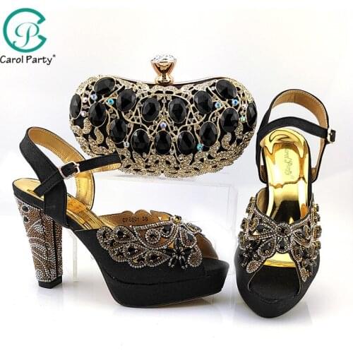 African Ladies Shoes And bag Shiny Artificial Rhinestone Shoes Matching bag For Wedding Sweet Heart Style Shoes and Bag Set
