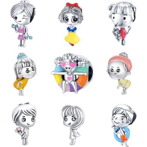 BISAER 925 Sterling Silver Character Beads Young Ballerina Cute Fitness Gym Girls Charms Fit Bracelet DIY Jewelry Making EFC488