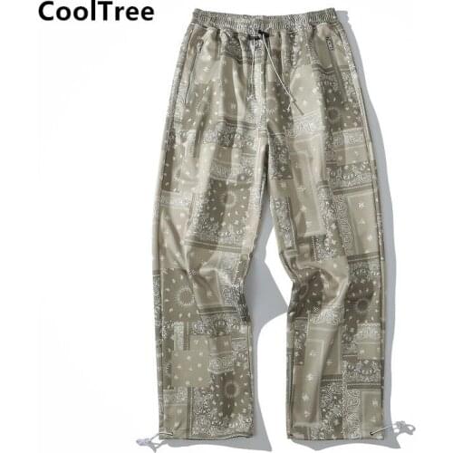 CoolTree Men Casual Pants Spring Autumn Printing Patchwork Loose Straight Trousers Male Harajuku Hip Hop joggers Tie feet Pants