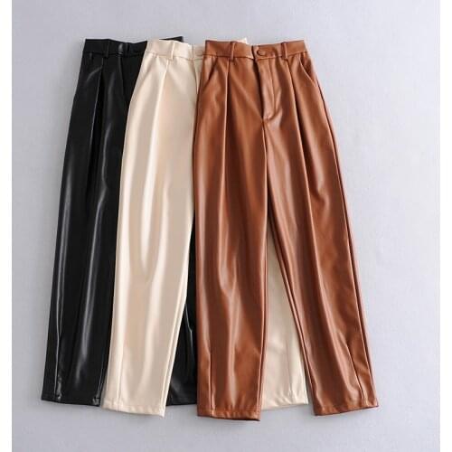 2021 NEW PU Leather High Waisted Pants Women Fashion Loose Faux Leather Trousers Women Elegant Pockets Pants Female Ladies Khaki