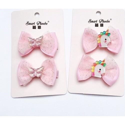 Boutique 10Sets Fashion Grosgrain Ribbon Bow Hairpins Glitter Rainbow Unicorn Butterfly Bowknot Hair Clips Princess Headwear