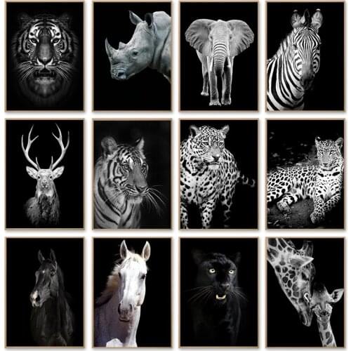 Black White Animal Giraffe Zebra Lion Prints and Poster Wildlife Elephant Horse Canvas Painting for Living Room Wall Art Picture