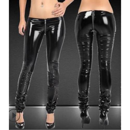 Elastic PVC Windproof Waterproof No Frost Crack Low Waist Pants Women Solid Capris Zip Open U Crotch Sexy Pencil Pant PU Legging