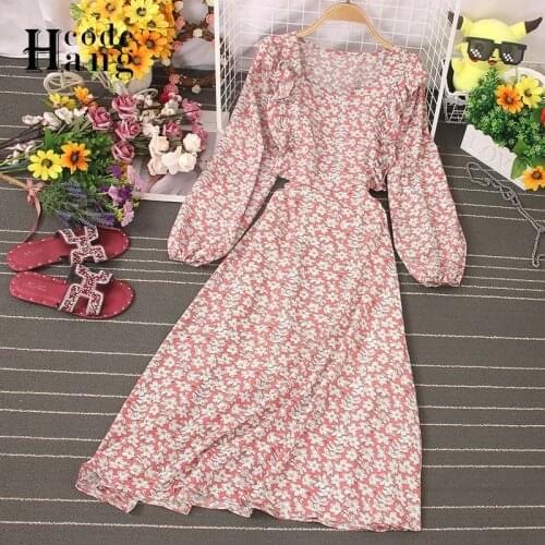HangCode Women Dress 2021 Spring French Style Romantic Pink Floral Print Long Dress Women Vacation Beach Dress Ladies Dresses