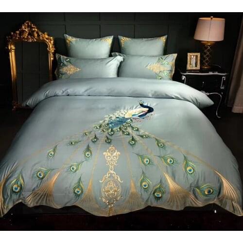 4/6pcs Egyptian cotton bed linen set Peacock embroidery bedding sets/bedclothes queen king size duvet cover sheet set