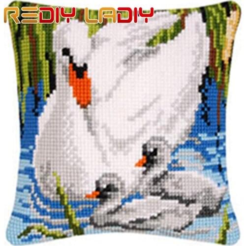 Cross Stitch Cushion Swan Family Birds Chunky Cross-Stitch Kits Acrylic Yarn Pillow Case Home Decor Sofa Pillows Arts & Crafts