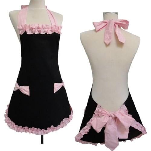 Fashion Korean Kitchen Apron Woman Black Cotton Grid Chequer Ruffled Cooking Salon Apron Avental de Cozinha Divertido Pinafore