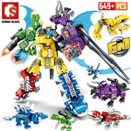 NEW SEMBO 6in1 Transformation Dinosaur Robot Building Block City Jurassic Worlds Pterosaur Electric Mech Bricks DIY Toy For Boys
