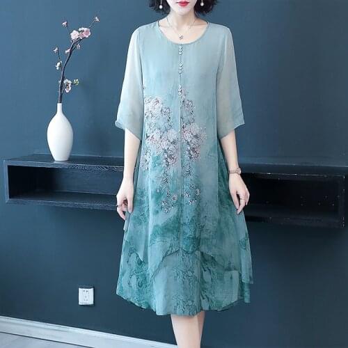 Mommy Summer Dresses Noble Middle-aged O-Neck Printed Womens Straight Dress Fashion Spring Wide Wife Chiffon Vestidos 2020 Z723