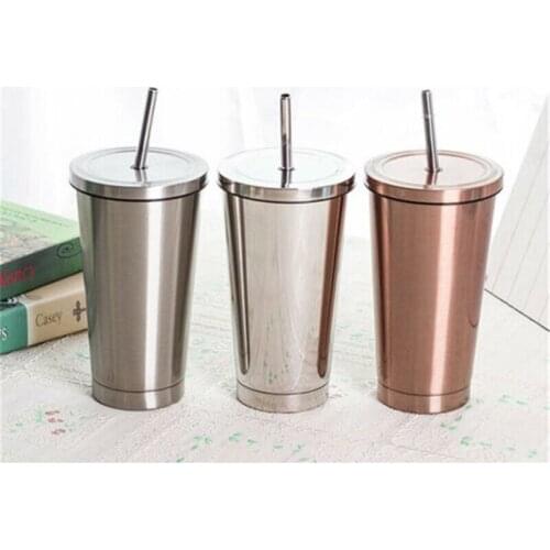 500ML Stainless Steel Travel Mug Tumbler Coffee Cup with Lid & Drinking Straw Portable