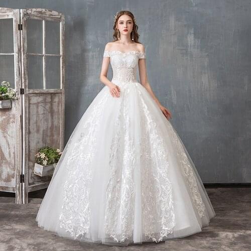 Wedding Dresses Illusion Appliques Pearls Embroidery Strapless Lace Floor-Length Backless Off The Shoulder Lady Bride Gown GB058