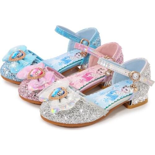 Disney Princess Kids Leather Shoes For Girls Frozen Elsa Glitter Crystal Children High Heel Girls Single Shoes Summer Sandals