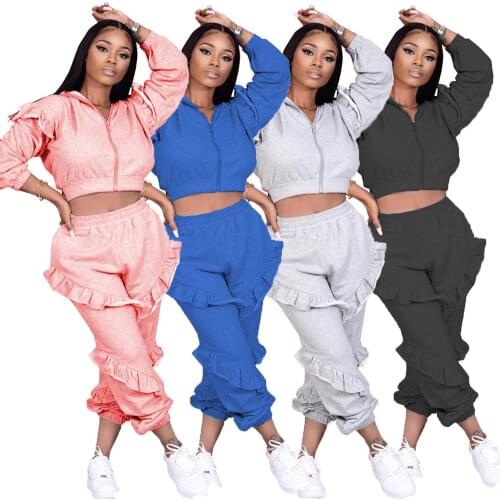Solid Color 2 Piece Set Ruffles Patchwork Long Sleeve Zipper Short Hooded Jacket and Sweatpants Lounge Wear Plus Size Outfits